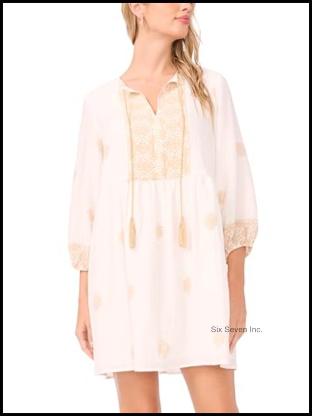 3/4 Sleeve Embroidery Neck Tie Mini Dress Casual A-Line